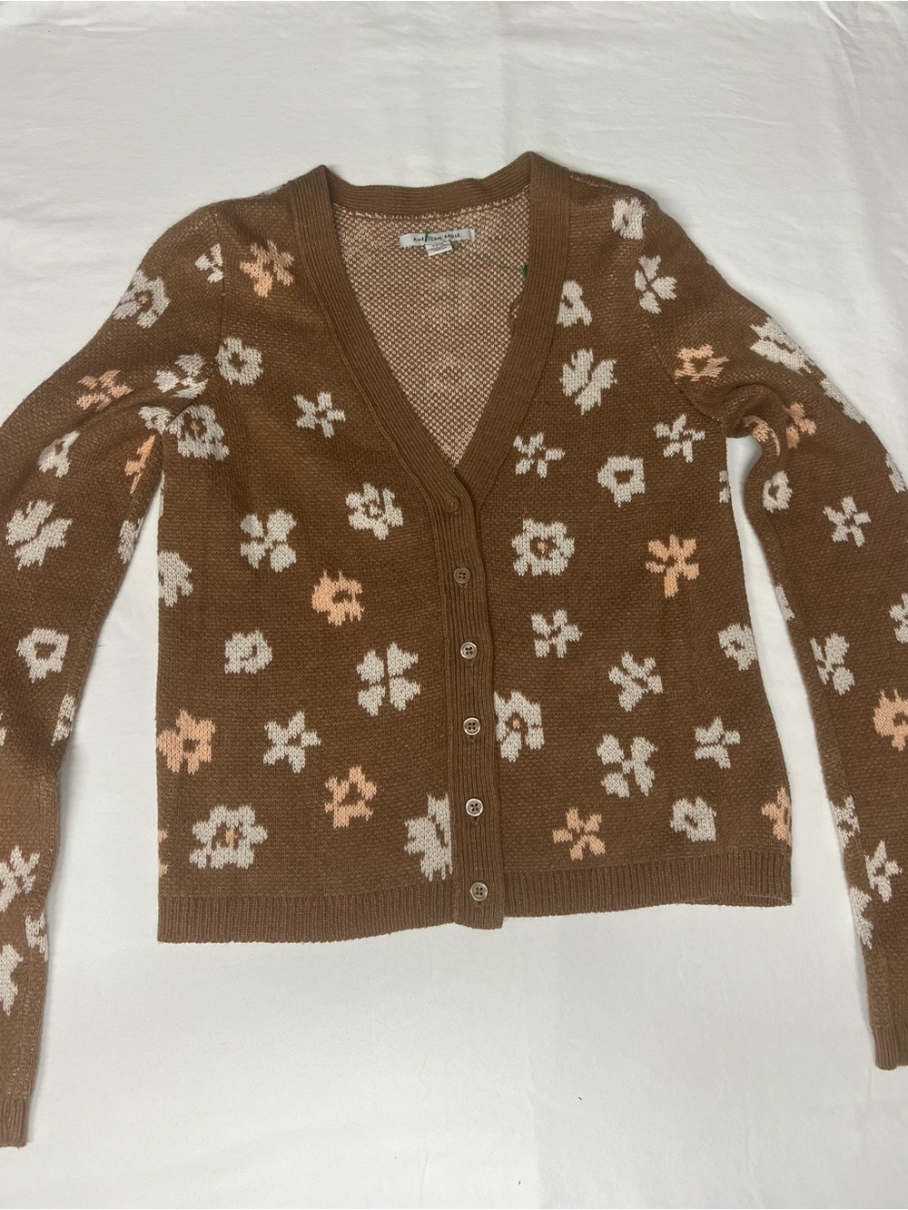 American Eagle Outfitters Brown Floral V-Neck Button Cardigan